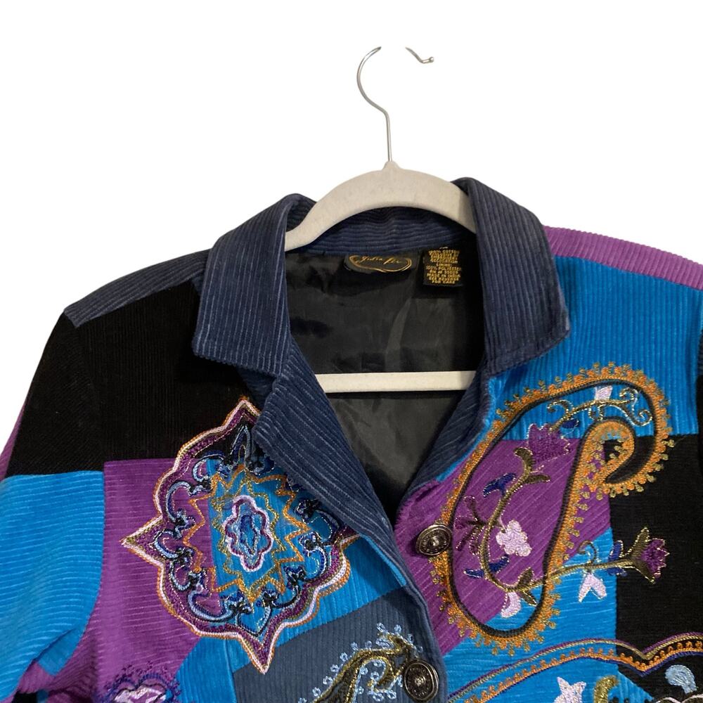 Vintage Y2K Julia Kim Blue Purple Corduroy Paisley Patchwork Blazer Size Medium - Picture 5 of 16